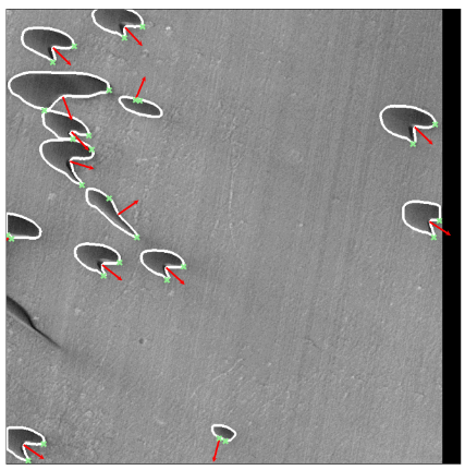 Detected barchan dunes with derived wind directions marked by arrows